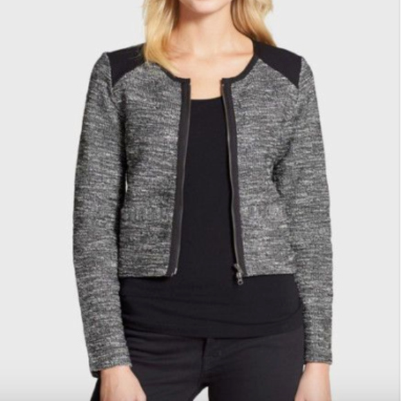 EILEEN FISHER Black & Gray Tweed Crop Moto Jacket size M - Picture 1 of 8